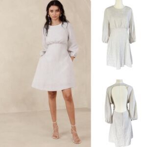Banana Republic Linen Open Back Balloon Sleeve Mini “2024”Dress Oatmeal Size 12